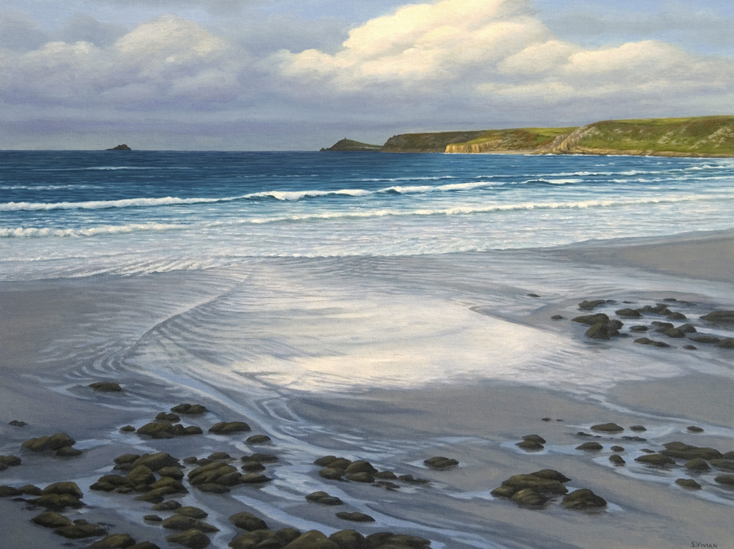 Painting by Sarah Vivian, Sunshine on Gribba Head, wet sand, Sennen, West Penwith, Cornwall