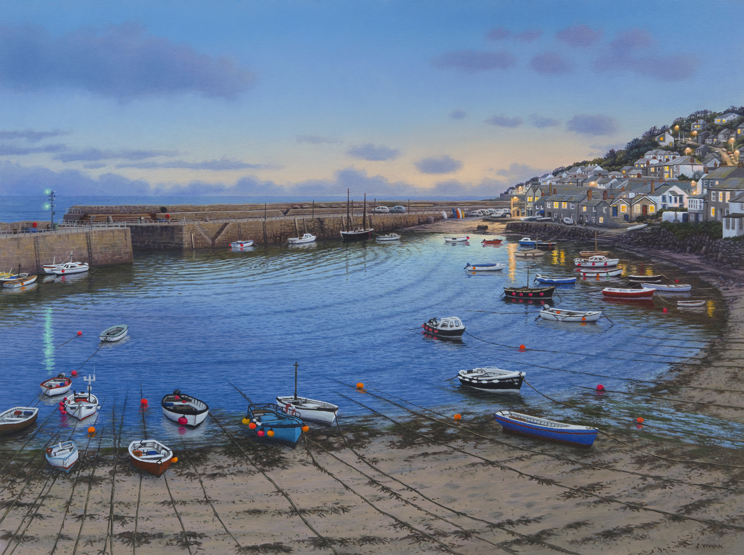 Painting by Sarah Vivian, Evening Lights, Mousehole, West Penwith, Cornwall