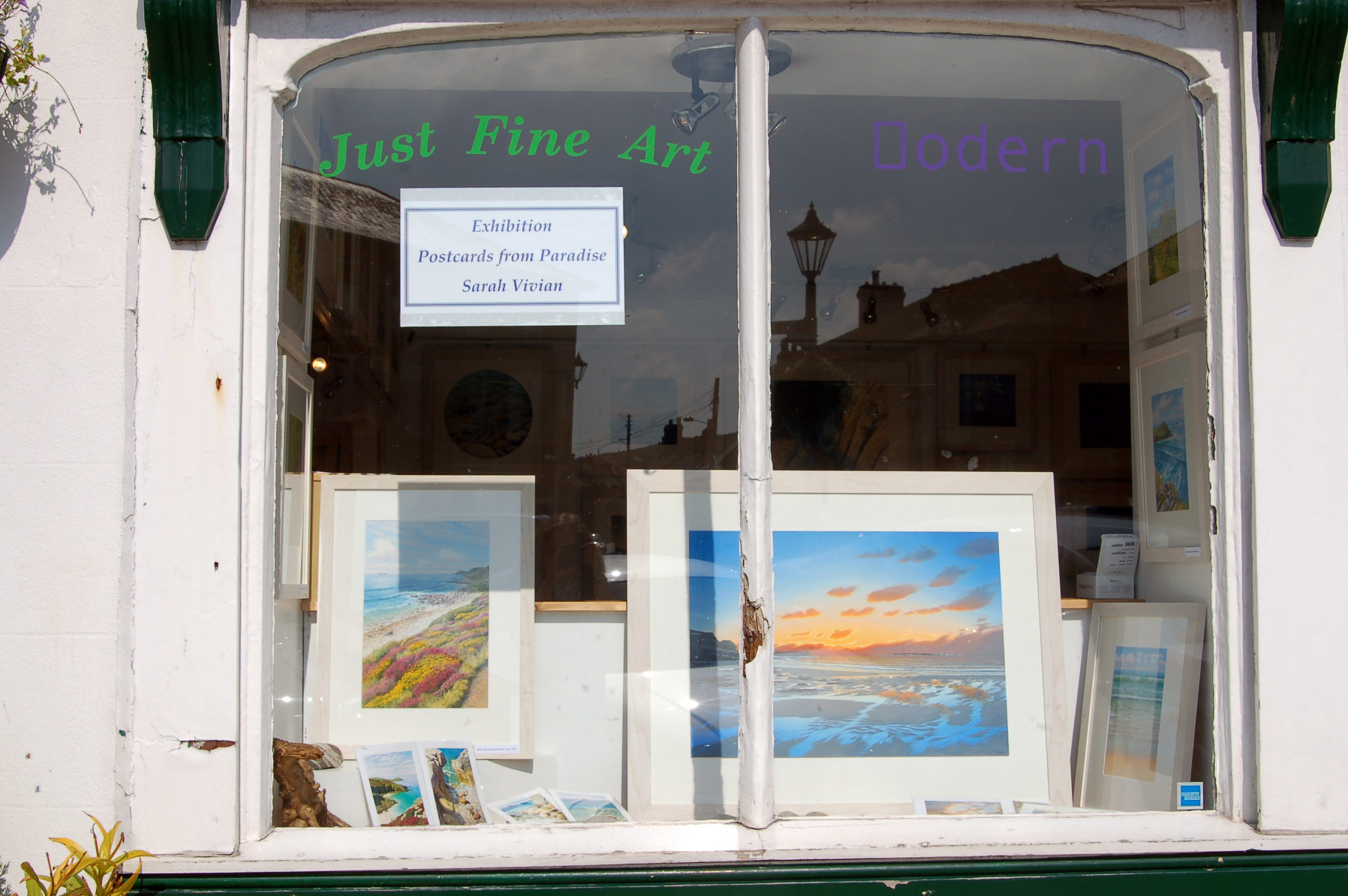 Just Fine Art Window Display of Cornish Artist Sarah Vivian's Paintings