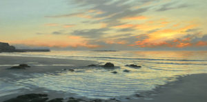 Gallery of Cornwall Paintings: Painting by Sarah Vivian, Calm Sea at Sunset, Sennen Harbour, West Penwith, Cornwall