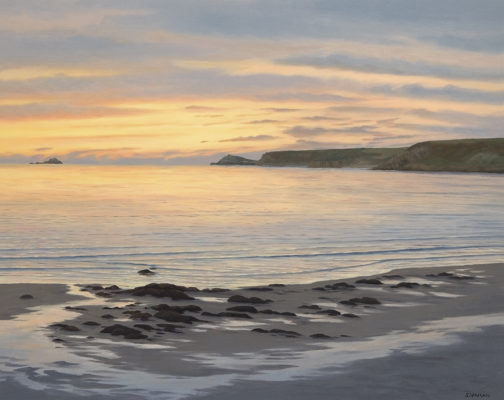 Gallery of Cornwall Paintings: Painting by Sarah Vivian, Soft Misty Sunset, View to Cape Cornwall, West Penwith, Cornwall