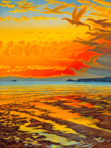 Gallery of Cornwall Paintings: Painting by Sarah Vivian, Firing up the Sunset over Cape Cornwall, West Penwith, Cornwall