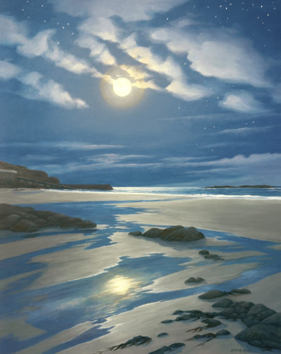 Gallery of Cornwall Paintings: Painting by Sarah Vivian, Moonshadows – Full Moon over Sennen Harbour, West Penwith, Cornwall