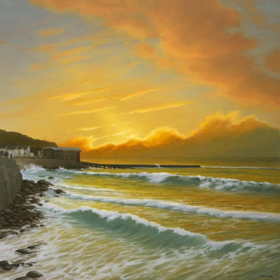 Gallery of Cornwall Paintings: Painting by Sarah Vivian, Winter High Tide at Sunset, Sennen, West Penwith, Cornwall