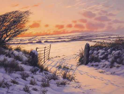 Gallery of Cornwall Paintings: Painting by Sarah Vivian, Walking in Sunset Snow Nr Grumbla, West Penwith, Cornwall