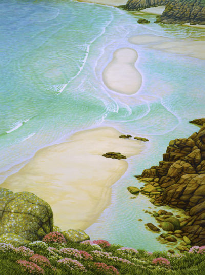 Gallery of Cornwall Paintings: Painting by Sarah Vivian, Footprint. View from Logan Rock to Porthcurno, West Penwith, Cornwall