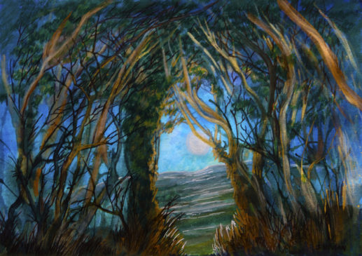 Mixed Media Painting by Sarah Vivian, Full Moon and Twisty Trees, Cornwall