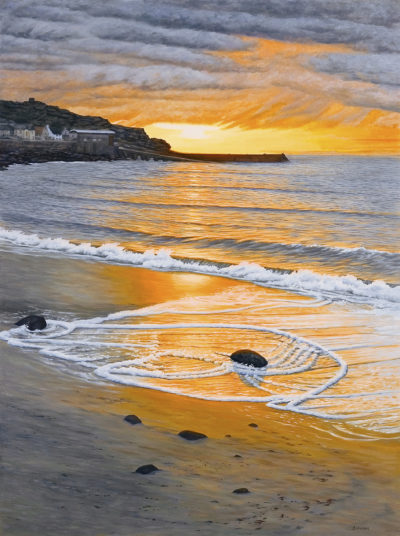 Gallery of Cornwall Paintings: Painting by Sarah Vivian, Sunset at Sennen with Foam Circle, West Penwith, Cornwall