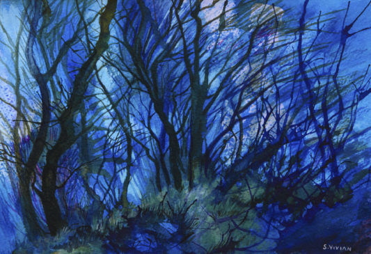 Mixed Media Painting by Sarah Vivian, Blue Trees, Cornwall