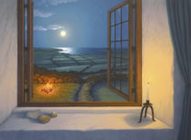 Gallery of Cornwall Paintings: Painting by Sarah Vivian, Ancient Lights. Full Moon over Land’s End from Carn Bosavern, St Just, Cornwall