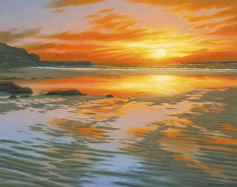 Gallery of Cornwall Paintings: Painting by Sarah Vivian, Vivid Sunset, Sennen Harbour, West Penwith, Cornwall