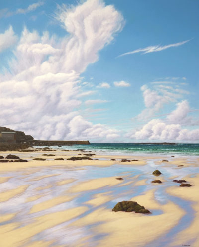 Gallery of Cornwall Paintings: Painting by Sarah Vivian, Spring Day at Sennen with Salvadore Dali Clouds. West Penwith, Cornwall