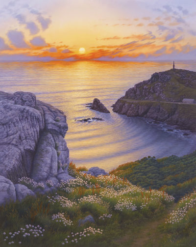 Gallery of Cornwall Paintings: Painting by Sarah Vivian, Watching the Sunset at Cape Cornwall, West Penwith, Cornwall
