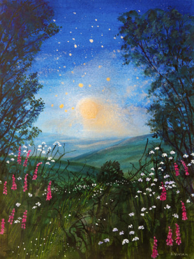 Mixed Media Painting by Sarah Vivian, Summer Nights, Cornwall