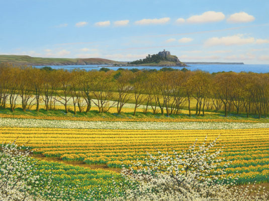 Gallery of Cornwall Paintings: Painting by Sarah Vivian, Daffodils and Blackthorn; St Michael’s Mount from Fields near Gulval, West Penwith, Cornwall