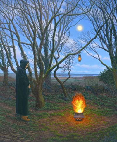 Gallery of Cornwall Paintings: Painting by Sarah Vivian, The Firekeeper. Twilight at Sancreed Grove, West Penwith, Cornwall