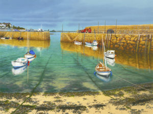 Gallery of Cornwall Paintings: Painting by Sarah Vivian, Mousehole Harbour. Sunshine after Rain Passes to Penzance, West Penwith, Cornwall