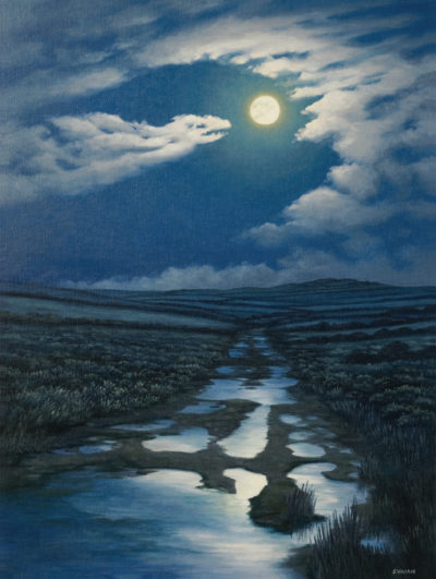 Gallery of Cornwall Paintings: Painting by Sarah Vivian, Flooded Trackway by Moonlight. West Penwith, Cornwall