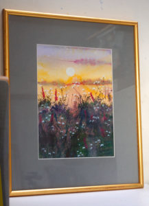 Framed Mixed Media Painting by Sarah Vivian, Cornish Hedge at Sunset, Cornwall