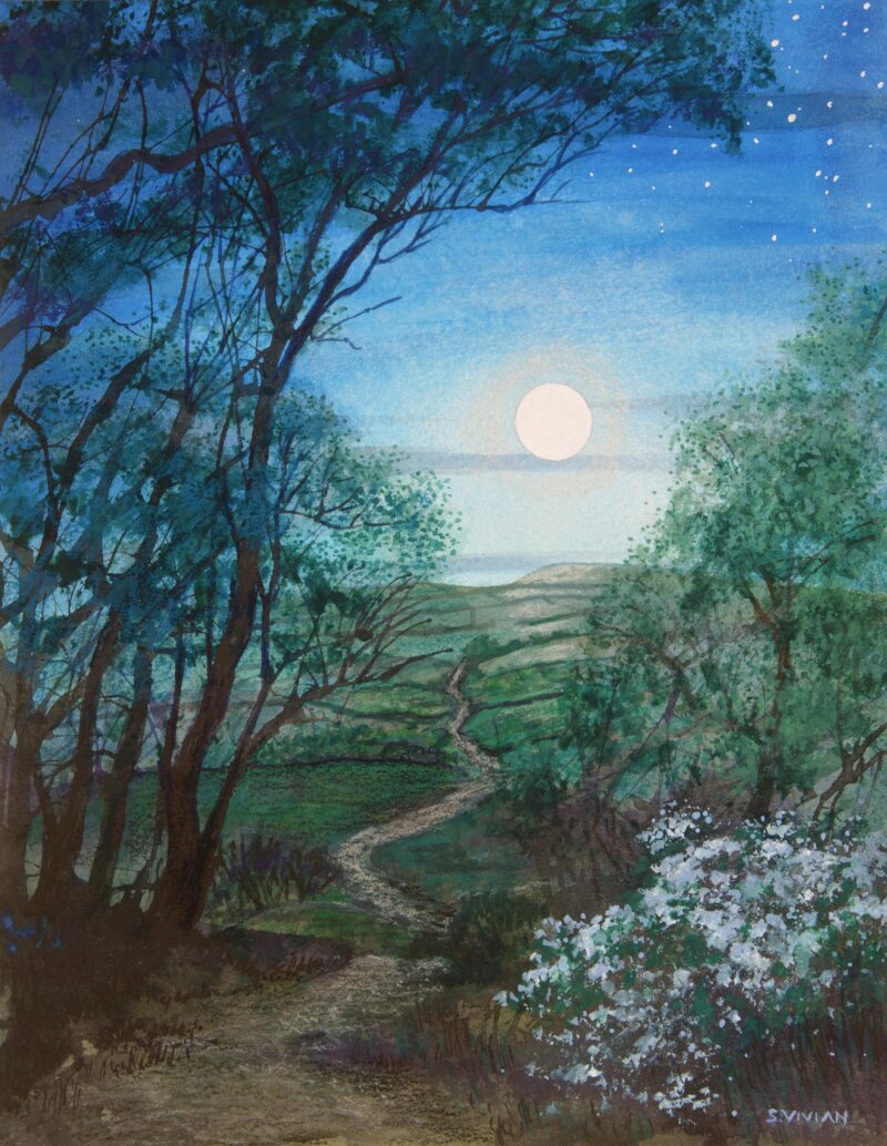 Mixed Media Painting by Sarah Vivian, Full Moon Rising, Evening Light, Cornwall