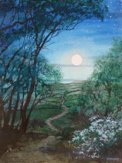 Mixed Media Painting by Sarah Vivian, Full Moon Rising, Evening Light, Cornwall