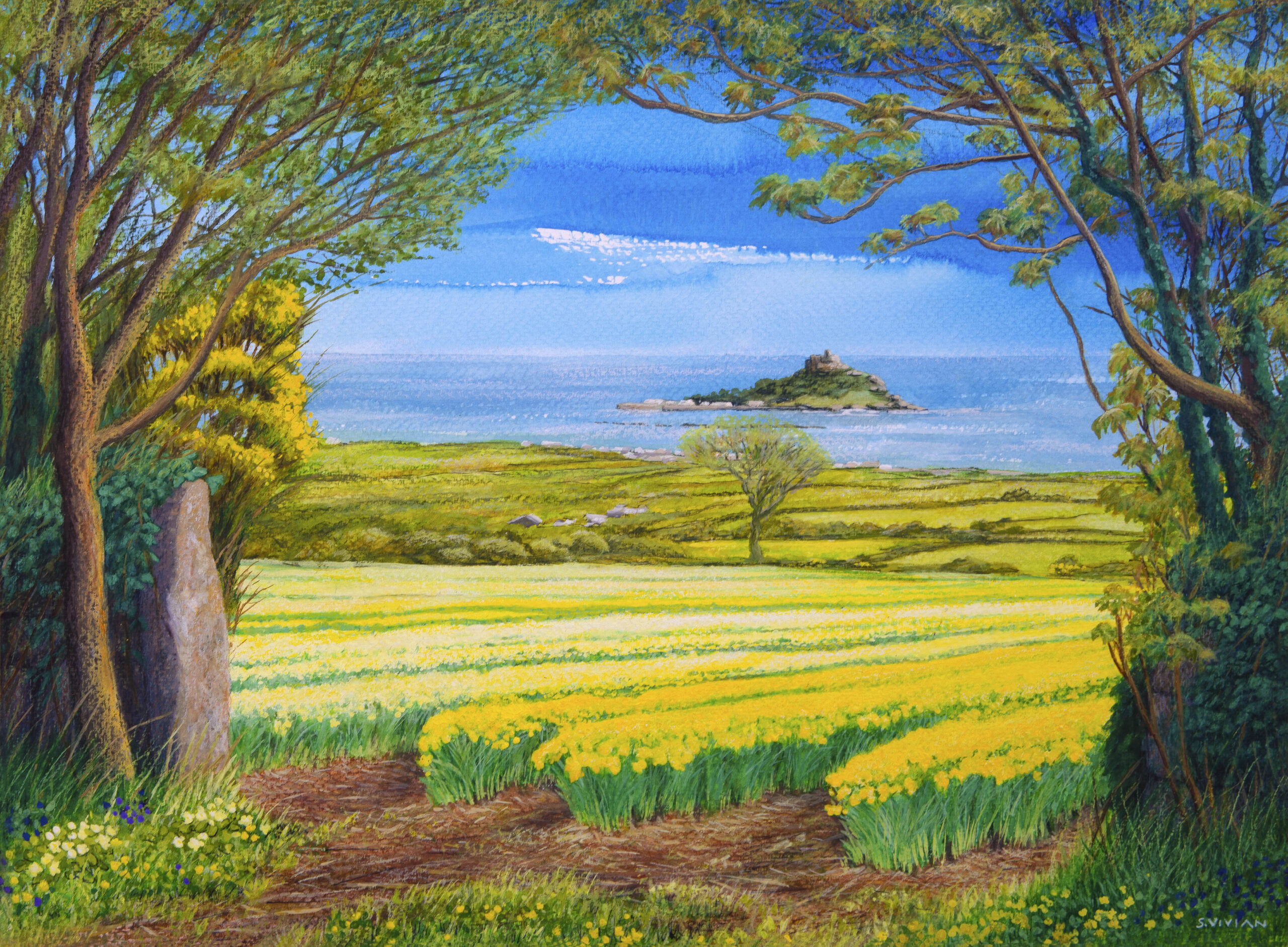 Mixed Media Painting by Sarah Vivian, St Michael's Mount with daffodils, Cornwall