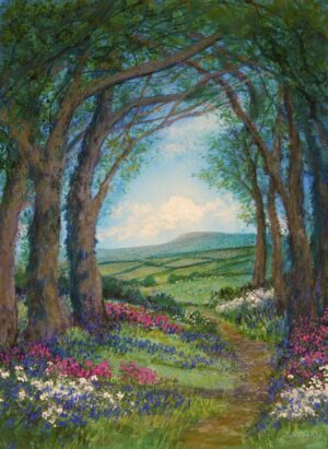 Mixed Media Painting by Sarah Vivian, Out of the Woods, Bluebells and Campions, Cornwall