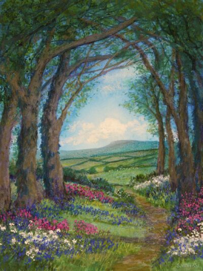 Mixed Media Painting by Sarah Vivian, Out of the Woods, Bluebells and Campions, Cornwall