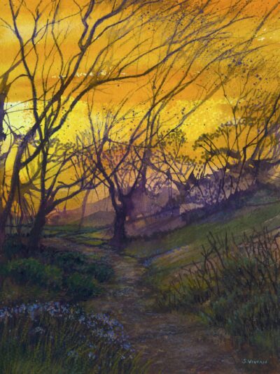 Mixed Media Painting by Sarah Vivian, Sunset Path, Cornwall