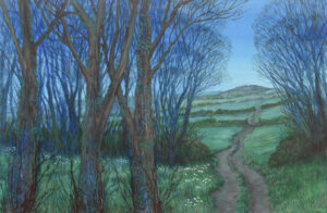 Mixed Media Painting by Sarah Vivian, Snowdrops at Twilight, Cornwall