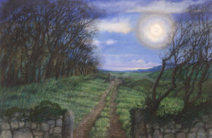 Mixed Media Painting by Sarah Vivian, View to the Sea by Evening Moonlight, Cornwall