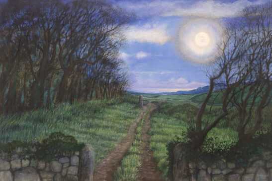 Mixed Media Painting by Sarah Vivian, View to the Sea by Evening Moonlight, Cornwall